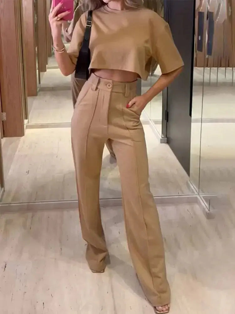 Solid Top Loose Pants with Pockets