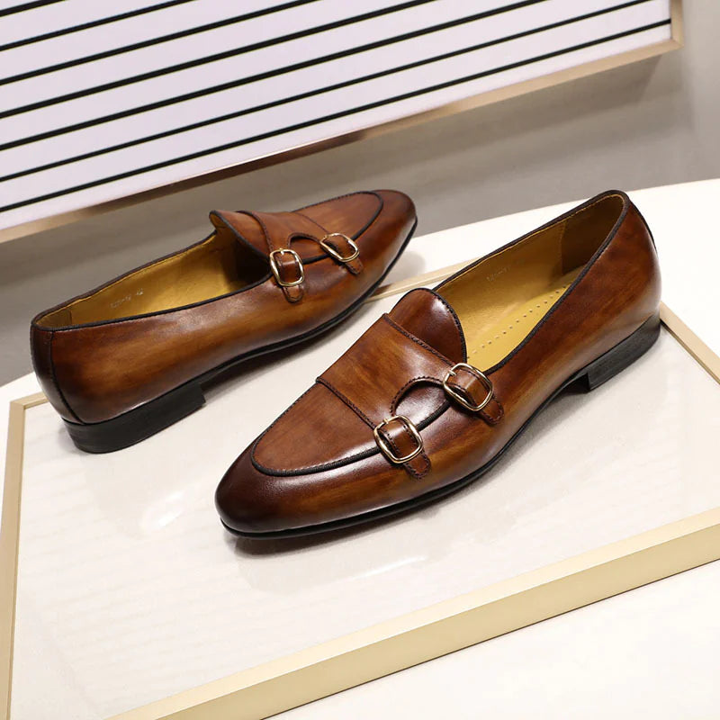 Double Monk-Straps Cowhide Loafers