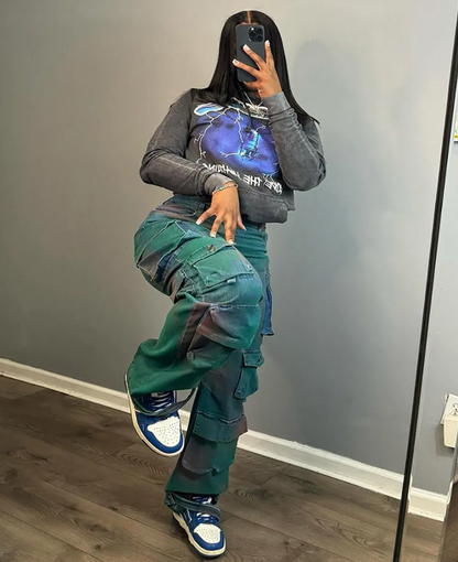 High-Waist Tie-Dye Cargo Jeans