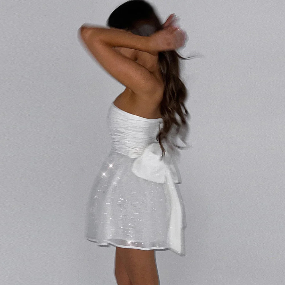 Shimmering Off Shoulder Dress with Back Bow
